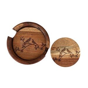 Vintage Made in India Hand Carved Round Wooden Drink 4 Coasters With Wood Holder